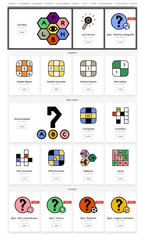 Plataforma de juegos para diferentes diarios tipo pasatiempos